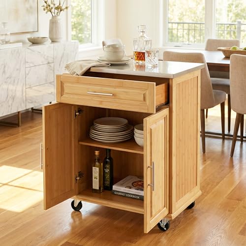 Christopher Knight Home ZAH Bamboo Rolling Cart with Drawers, Kitchen Bar Cart on Wheels with Stainless Steel Top, Mobile Rolling Kitchen Cart Storage Cabinet, Serving Cart, 29.13'' x 18.5'', Natural - size: Small