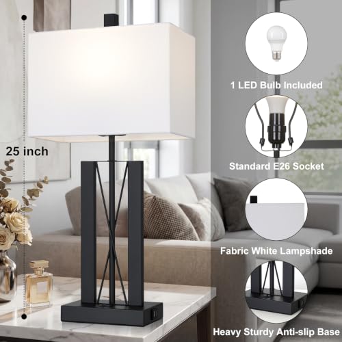 Lolikit 25" Modern Table Lamp for Living Room,Bedside Lamp for Bedroom | 2 USB Charging Ports,White and Black,Geometric Industrial Contemporary,LED Bulbs Shade Included,Bedrooms,Nightstand,End Table - color: White - 25"H - 1 Pack
