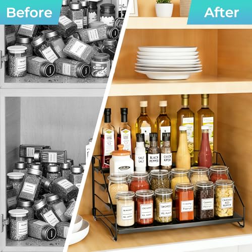 Black Tiered Spice Shelf Organizer 1 Pack | 4 Tier Countertop Spice Rack, Depth Adjustable Seasoning Organizer, Spice Shelf for Countertop, Cabinet