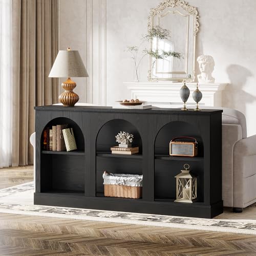 Tribesigns Black Console Table with Storage, 63" Long Arched Entryway Table | 3 Tier Wooden Farmhouse Rectangular Sofa Table Behind The Couch for Entrance, Hallway, Foyer, Living Room - color: Black