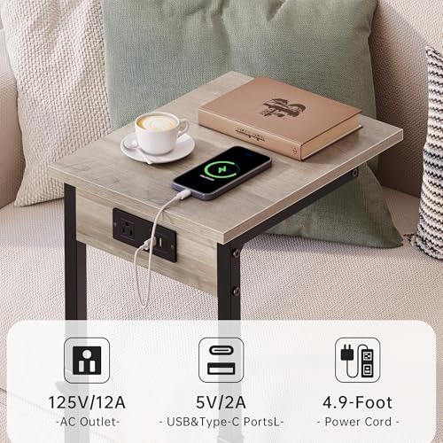 C Shaped End Table with Charging Station, Adjustable Height Side Table for Couch, C Table End Table Couch Table that Slide Under, Sofa Table TV Tray Arm Tables for Living Room, Bedroom, Gray - color: Greige, style: Charging Station