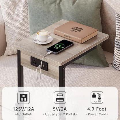 C Shaped End Table with Charging Station, Adjustable Height Side Table for Couch, C Table End Table Couch Table that Slide Under, Sofa Table TV Tray Arm Tables for Living Room, Bedroom, Gray - color: Greige, style: Charging Station
