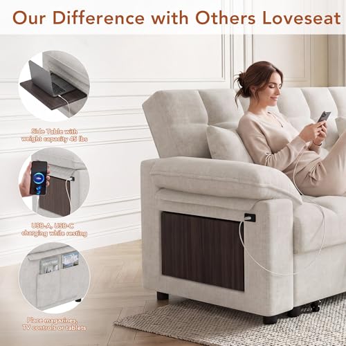 Vipbear Sleeper Sofa Bed, 70" Pull Out Futon Couch with Small Table| USB Port | Side Pockets | Tool-Free Assembly | Adjustable Backrest for Apartment, Office, Guest Room, Chenille Beige - color: Beige