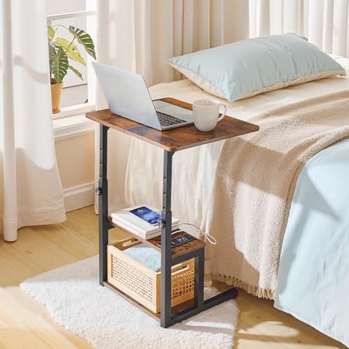 HOOBRO C-Shaped End Table, Adjustable Height Side Table with Power Strip | Couch Table with 20.5"L x 15"W Spacious Desktop, TV Tray Table with Storage Shelves for Living Room, Sofa Chair, Rustic Brown - color: Rustic Brown + Black