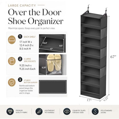 Ligereza Over the Door Shoe Organizer for 20-30 Pairs, 8-Tier, Black | Hanging Shoe Rack Holds Sneakers, Boots & Heels, Angled Pockets for Instant Access, Adjustable Hooks fit All Door Thicknesses