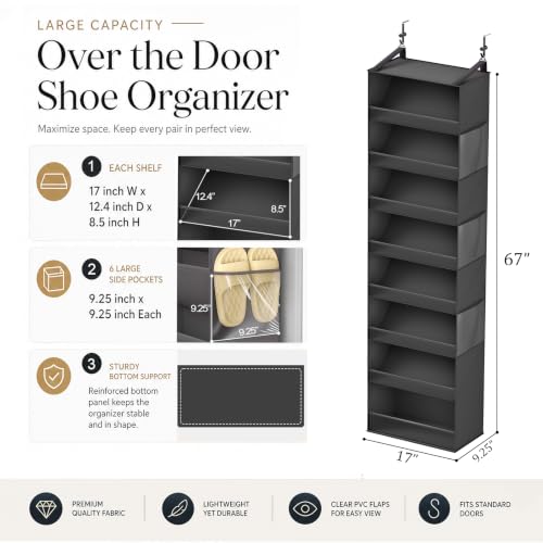Ligereza Over the Door Shoe Organizer for 20-30 Pairs, 8-Tier, Black | Hanging Shoe Rack Holds Sneakers, Boots & Heels, Angled Pockets for Instant Access, Adjustable Hooks fit All Door Thicknesses