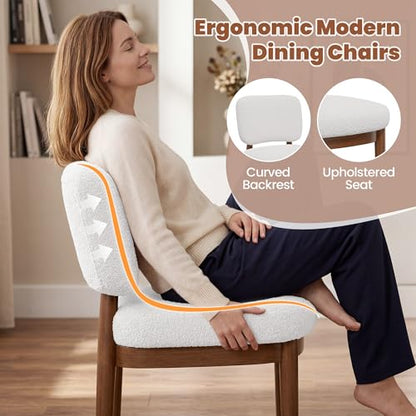 Wooden Dining Chairs Set of 2, Boucle Upholstered Kitchen Chairs with Solid Wood Legs, Mid Century Modern Dining Chairs, Farmhouse Side Chair with Hardwood Frame for Dining Room, White - color: White, size: Set of 2