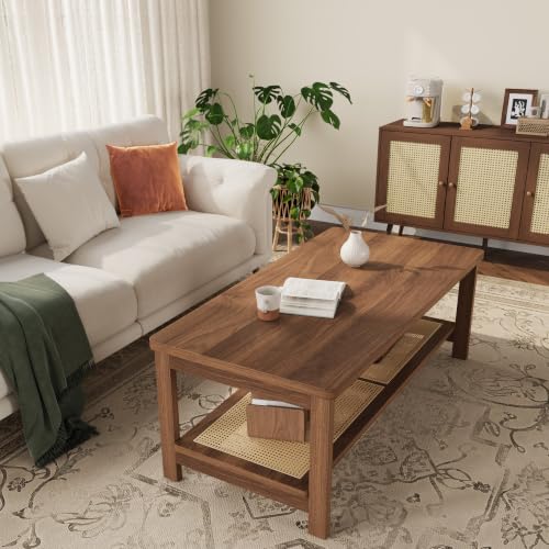 GAOMON 2-Tier Coffee Table for Living Room, Rectangular Center Table with Rattan Storage Shelf for Small Space, Easy Assembly, Walnut - color: Walnut