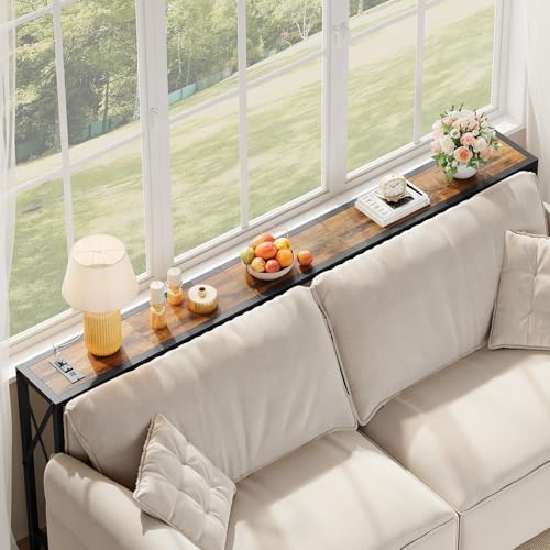 Gewudraw 70" Sofa Table Behind Couch with Oulets-Narrow Console Table,Brown | Industrial Style, Long Skinny Design,Couch Table For Hallway,Living Room,Bedroom, Built-In Power Outlets & USB, 172cm Length - color: Rustic Brown, size: 70 in