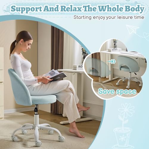 VINGLI Small Vanity Chair with Wheels for Girls.Cute Modern Adjustable Height Armless Office Desk Chair.360°Swivel Comfy Rolling Chair for Study, Make up Room,Small Space,Linen Light Blue - color: Linen Light Blue