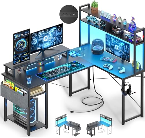 Besiost Small L Shaped Desk Gaming Desk with Power Outlets, 48" Reversible L Shaped Computer Desk with Monitor Stand & Storage Shelf, Corner Gamer Desk Home Office Desk with Storage Bag, Black - color: Black