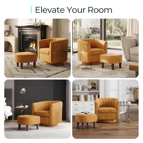 LINSY Swivel Accent Chair with Ottoman: Small Velvet Barrel Chair 360 Swivel Modern Armchair, Upholstered Reading Chair with Footrest for Living Room Bedroom Study Room (Yellow) - color: Yellow, size: Small