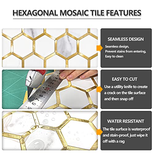 STICKGOO Hexagon Peel and Stick on Backsplash for Kitchen and Bathroom, White Marble Look PVC Mixed Metal Gold Self Adhesive Metal Mosaic Tiles(10 Sheets, Seamless) - color: White Marble with Metal Gold