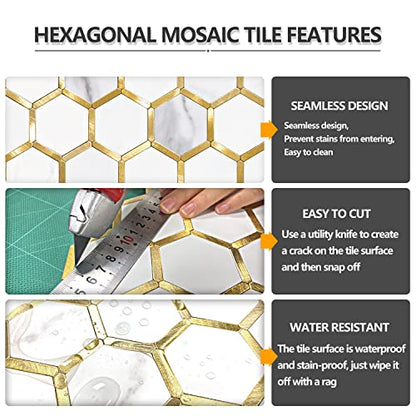 STICKGOO Hexagon Peel and Stick on Backsplash for Kitchen and Bathroom, White Marble Look PVC Mixed Metal Gold Self Adhesive Metal Mosaic Tiles(10 Sheets, Seamless) - color: White Marble with Metal Gold