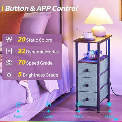 Narrow End Table with Charging Station, Narrow Side Table with Drawer, Small Nightstand with LED Light, Skinny Nightstand, Small Bedside Table for Living Room, Grey - color: Grey, size: 7.9" W x 18.9" D, style: Power + Light