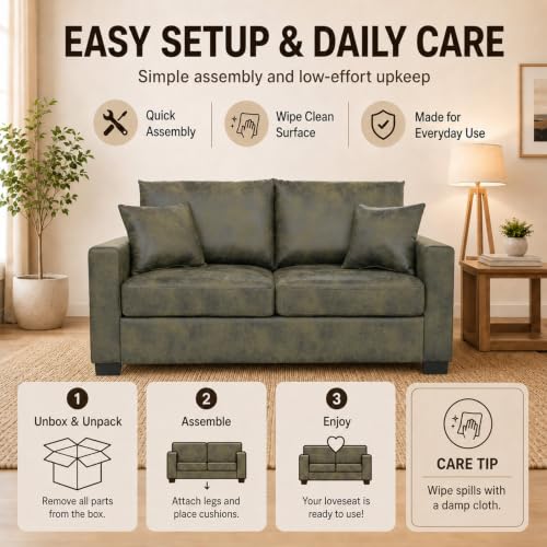 69'' Loveseat Sofa,Modern Fabric 2-Seater Sofa with 2 Pillows(Olive Green) | Small Couches for Living Room, Office,Apartment, Small Spaces,21 in Deep Seat - color: Olive Green