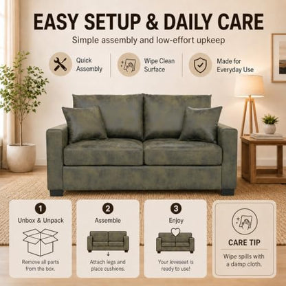 69'' Loveseat Sofa,Modern Fabric 2-Seater Sofa with 2 Pillows(Olive Green) | Small Couches for Living Room, Office,Apartment, Small Spaces,21 in Deep Seat - color: Olive Green