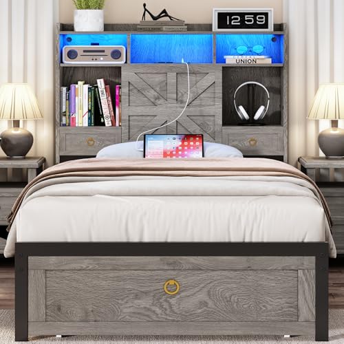 TIGUBFRE Twin Bed Frame with Storage Headboard, Farmhouse Wood Bed Frame Twin Size with 3 Drawers, LED Light & Charging Station, Metal Slats Support, Noise Free, No Box Spring Needed, Rustic Gray - color: Rustic Grey, size: Twin