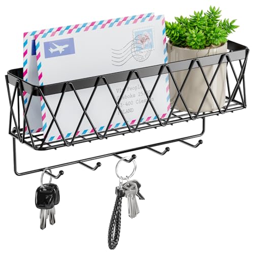 Key Holder Wall Mount Adhesive- Key and Mail Holder for Wall with 5 Hooks, Wall Mounted Mail Organizer and Key Rack, Modern Basket Key Hanger for Entryway, Home, Living Room Wall Decor, Black - color: Black-2
