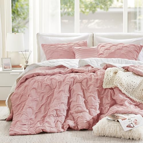 Comfort Spaces All Season King Size Comforter Set for Girls, 4 Piece, Pink | Bailey Ogee Ruched Bedding Set Cal King with Crinkle Texture Lightweight, Breathable Durable, Decorative Modern, Décor Pillow - color: Pink, size: King/Cal King