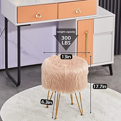 Faux Fur Storage Ottoman Round Furry Vanity Stool Marble Grain Tray Coffee Table Compact Footrest Stool with 4 Metal Legs Soft Makeup Seat Foot Stools Living Room Bedroom Entryway Champagne - color: Champagne