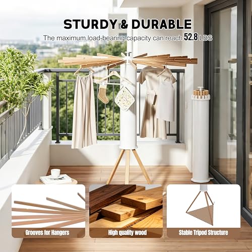 Clothes Drying Rack Foldable, Rotary Tripod Laundry Drying Rack,16 Wooden Poles,Rotatable Portable Floor Standing Clothes Airer,Laundry Drying Rack Floor Standing
