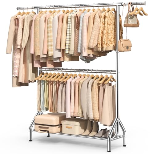 Double Rod Clothing Rack Load 622 LBS, Heavy Duty Clothes Rack for Hanging Clothes, 82.68 inch High Garment Rack with Sotrage Shelves, Metal Clothing Hanger Closet Wardrobe Organizer (Silver) - color: Silver