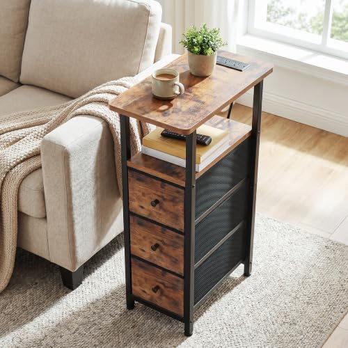 Narrow End Table with Charging Station, Small Nightstand | Skinny Side Tables Living Room with 3 Fabric Drawers, Slim Bedside Table for Bedroom, Small Spaces, Couch, Rustic Brown - color: Rustic Brown + Black, size: 27.55''H (3 Drawers), style: Power