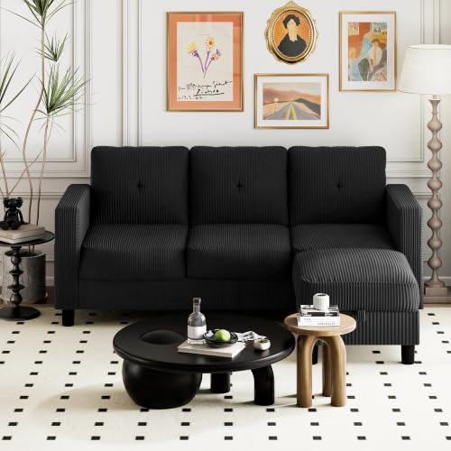 Shintenchi 76" Modern Upholstered Sectional Sofa, L-Shaped Couch with Storage Ottoman and Reversible Chaise for Living Room, Carbon Black Corduroy Fabric - color: Solid Black1