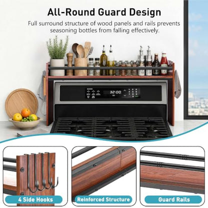 Spice Rack Shelf for Kitchen Stove, Over The Stove Shelf with 4 Hooks, Premium Wood & Metal Commbined Spice Rack Organizer Extra Storage Countertop (Walnut) - color: Walnut