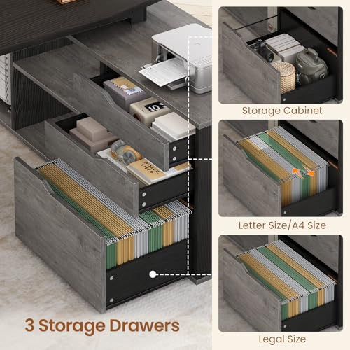 SEDETA 71" L Shaped Executive Desk with File Cabinet & Power Outlet | Computer Desk with 3 Storage Drawers, Adjustable Shelves, CPU Stand, Privacy Baffle, Modern Desk for Home Office, Gray - color: Grey