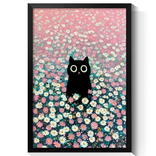 Black Cat Canvas Wall Art, Cute Cat In Daisies Meadow Aesthetic Poster, Adorable Animal Picture, Pink White Flowers Print Painting for Bedroom, Nursery Wall Decor Pet Lover Gift 12x16in Framed - color: Cat 03, size: 16"L x 12"W, style: Framed