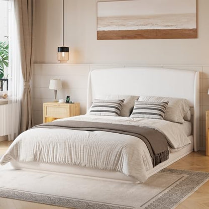 RuiSiSi Queen Size Upholstered Bed with Wingback Headboard, Low Profile Linen Fabric Platform Bed Frame, Strong Wood Slats, No Box Spring Needed, Easy Assembly, Beige - color: Beige