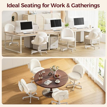 GTPLAYER Velvet Tall Office Chair with Wheels Vanity Chairs with Back, Versatile Height Use: Office to Bar Stools Small Ergonomic Comfy Armlees Computer Desk Chair with Bow Lumbar Pillow for Gift - color: Ve-white