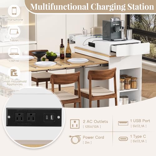 Extendable Dining Table with Folding Tabletop & Power Outlet, Modern Kitchen Island Sideboard with Wheels, Hidden Drawers & USB Charging, Sturdy Buffet Table for Small Spaces (Creamy White+Natural) - color: Creamy White+natural