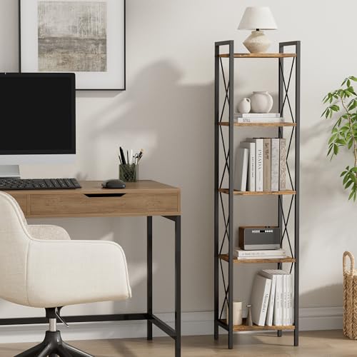 Homhedy 5 Tier Small Bookshelf, Tall Narrow Bookcase, Metal Book Shelf | Industrial Style for Small Spaces, Home, Office, Living Room, Kitchen, Bedroom , 10.4" D x 13" W x 55.1" H, Rustic Brown - color: Rustic Brown, size: 10.4"D x 13"W x 55.1"H