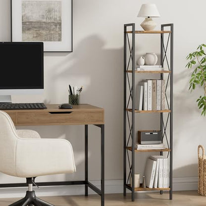 Homhedy 5 Tier Small Bookshelf, Tall Narrow Bookcase, Metal Book Shelf | Industrial Style for Small Spaces, Home, Office, Living Room, Kitchen, Bedroom , 10.4" D x 13" W x 55.1" H, Rustic Brown - color: Rustic Brown, size: 10.4"D x 13"W x 55.1"H