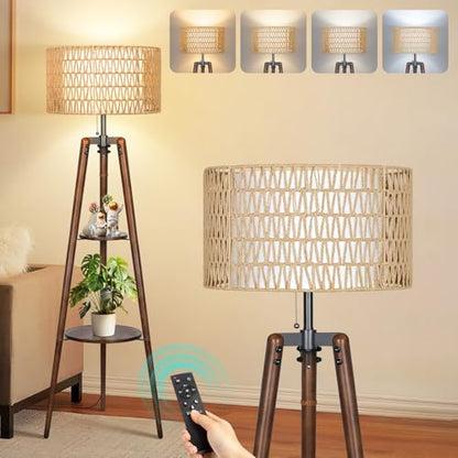 OUTON Boho Rattan Tripod Floor Lamp with Shelves, Dimmable Mid Century Modern Standing Lamp with Remote Control,Wood Tall Floor Lamps for Living Room Bedroom Office Farmhouse Bulb Included, Walnut - color: Walnut