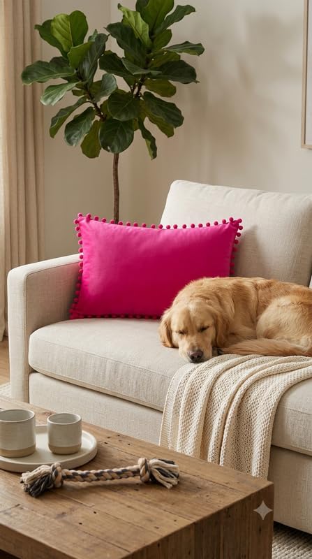 WWW.THROWPILLOW.IN Hot Pink Solid Cotton Cushion Cover with Pom Pom Preppy Decorative Throw Pillow Cover for Dorm Room,Feminine Chic Home Decor Accent Rectangular Cushion 14x20 Inches