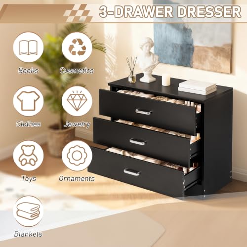 Vasitelan Wooden 3 Drawer Dresser, Modern Storage Chest of Drawers, Wood Bedside Table Night Table for Bedroom,Living Room (Black) - color: Black