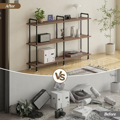 Industrial Bookshelf, Pipe Shelf Bookcase, 3 Tier, 60" Weathered Brown | Solid pine shelves, 60 inch wide, black pipe frame, 70 lbs per shelf, open bookcase for books, plants, office - color: Weathered Brown, size: 60"L × 39"H