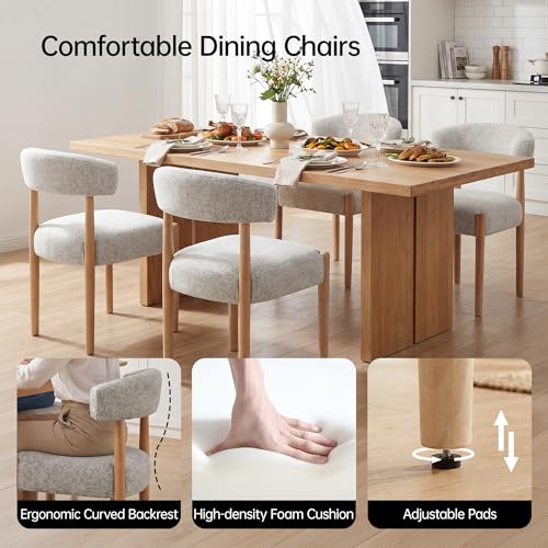 VKNOW Wooden Dining Chairs Set of 4 with Rubberwood Legs, Curved Backrest | Modern Upholstered Dining Chairs with Thickened Cushion, Soft Chenille Fabric, for Dining Room/Kitchen, Heathered Off-White - color: Heathered Off-white, size: Set of 4