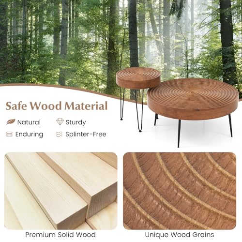Giantex Boho Round Coffee Table Set of 2, Sofa Side Nesting Table with Solid Pine Wood Top, Metal Legs & Adjustable Foot Pads, 31.5" D Large Table Set for Living Room (Ring Pattern, Brown) - color: Brown, style: Ring Pattern