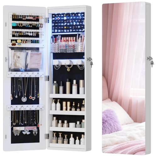 HNEBC Jewelry Cabinet with Lights,Wall Mounted Jewelry Organizer with Full-Length Mirror,Over The Door Hanging Jewelry Armoire Storage Cabinet,Lockable,Gift Idea,White - color: 21-White