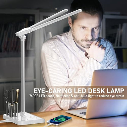 LED Desk Lamp for Home Office Desk Light Table Lamp 50 Lighting Modes Timer | Eye-Caring Desk Lamp with USB Adapter, Foldable Dual Swing Arm Architect for Reading, Study, Workbench - color: Silver