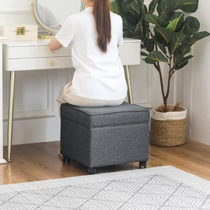 17" Square Storage Ottoman with Wheels, Upholstered Linen Movable Cube Footrest & Extra Seat with Flip Top for Living Room, Bedroom, Dark Grey - color: Dark Grey With Wheels
