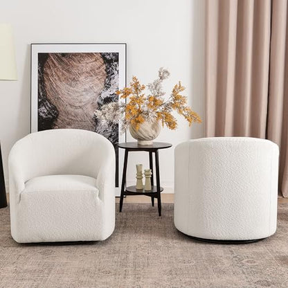 KINWELL 32" Wide Modern Boucle Swivel Barrel Chairs Set of 2, No Assembly Round Upholstered Swivel Accent Armchairs for Living Room, Bedroom (White) - color: White, style: Set of 2
