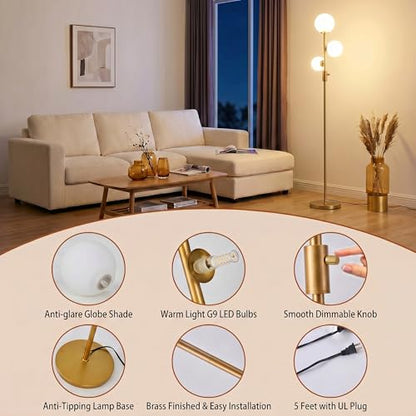 Fiqevs Dimmable 3 Globe Floor Lamp - Mid Century Modern Gold Standing Lamp with Frosted Glass Shade & LED Bulbs for Living Room, Bedroom, Office - color: 3 Globe- DM Gold