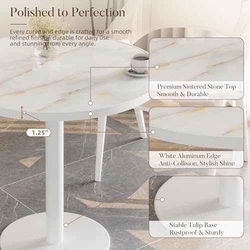 31.5'' Tulip Table, Round Dining Table with Glossy Sintered Stone Tabletop | White Aluminum Alloy Edge & Pedestal, Small Bistro Table for Dining Room/Café/Small Spaces/Restaurant (Crystal Onyx) - color: Crystal Onyx (White Edge), size: Round