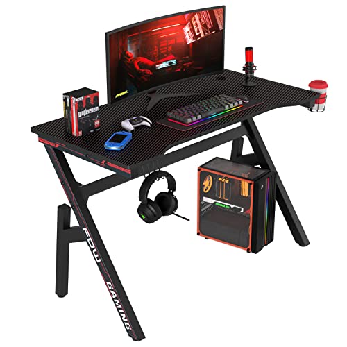BestOffice | 47" Gaming Table | Red | R-Shaped Computer Desk | with Steel Frame, Headphone Hook, Adjustable Feet | Carbon Fiber Texture| Easy to Clean | for Gaming, Home Office - color: Red, size: 47 Inch R Shaped